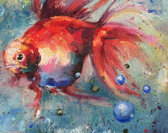 Goldfish original oil painting,small oil painting 8 8 inches on canvas,fish wall art,modern  home decor,fish lovers gift,living room decor