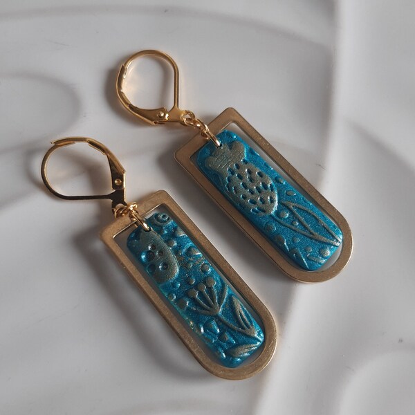 Boucles d'oreilles pendantes bleu canard doré uniques pâtes polymère