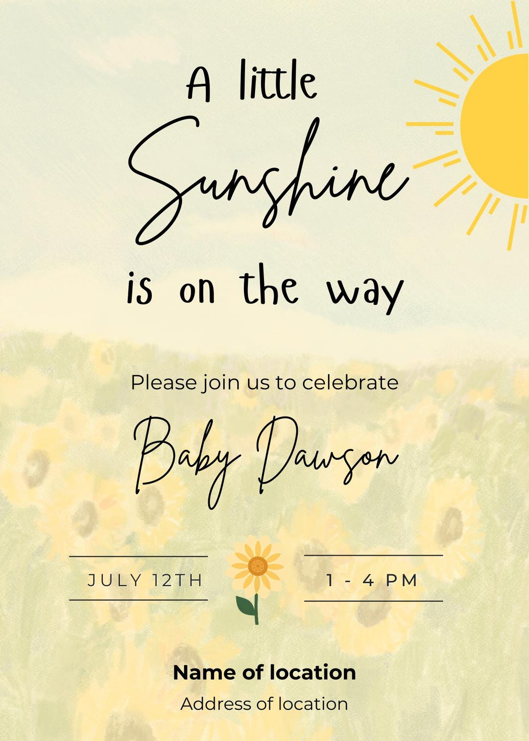 A Little Sunshine is on the Way - Baby Shower Invitation - Editable in ...