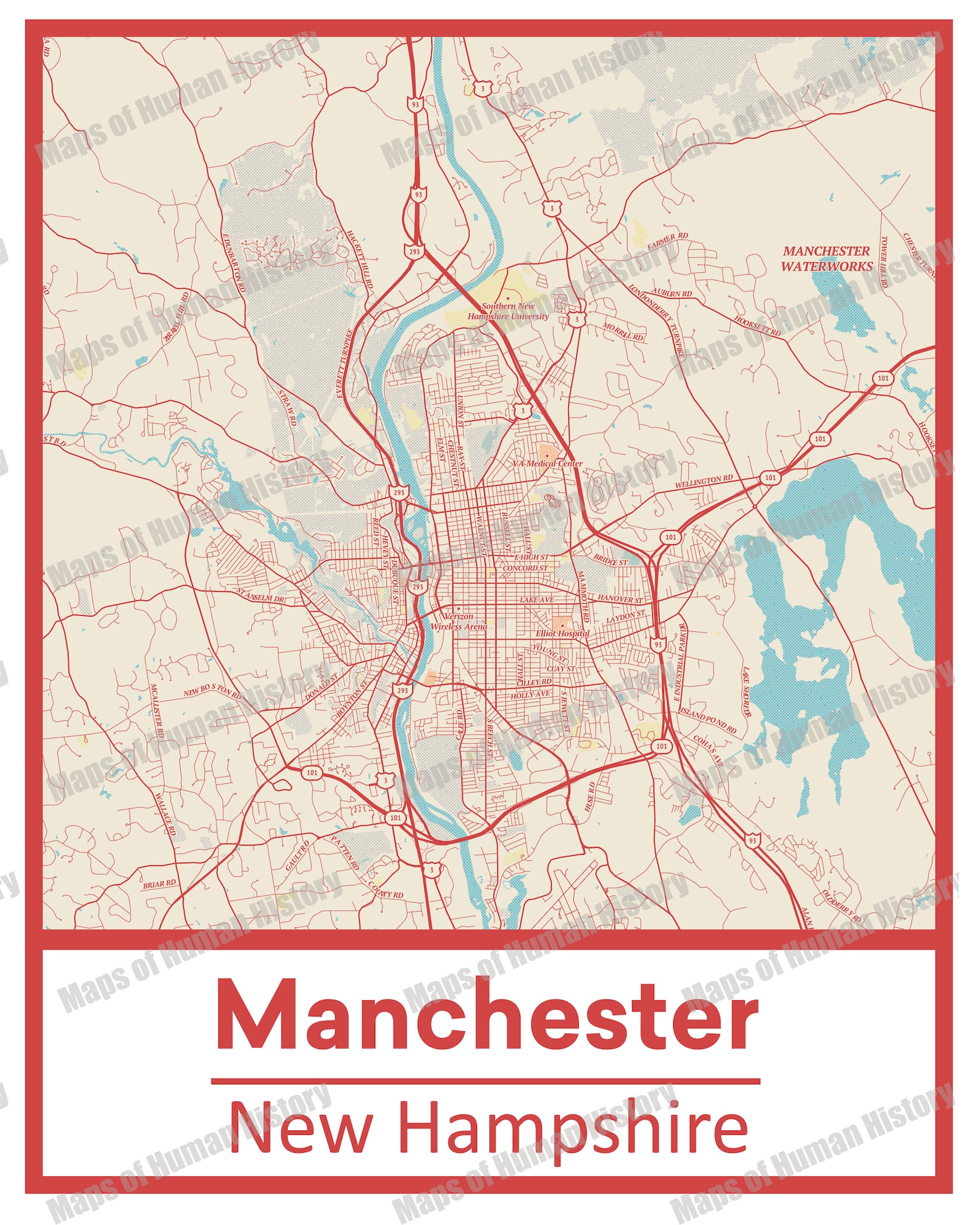 Retro Manchester New Hampshire Street Map Poster & Canvas - Etsy