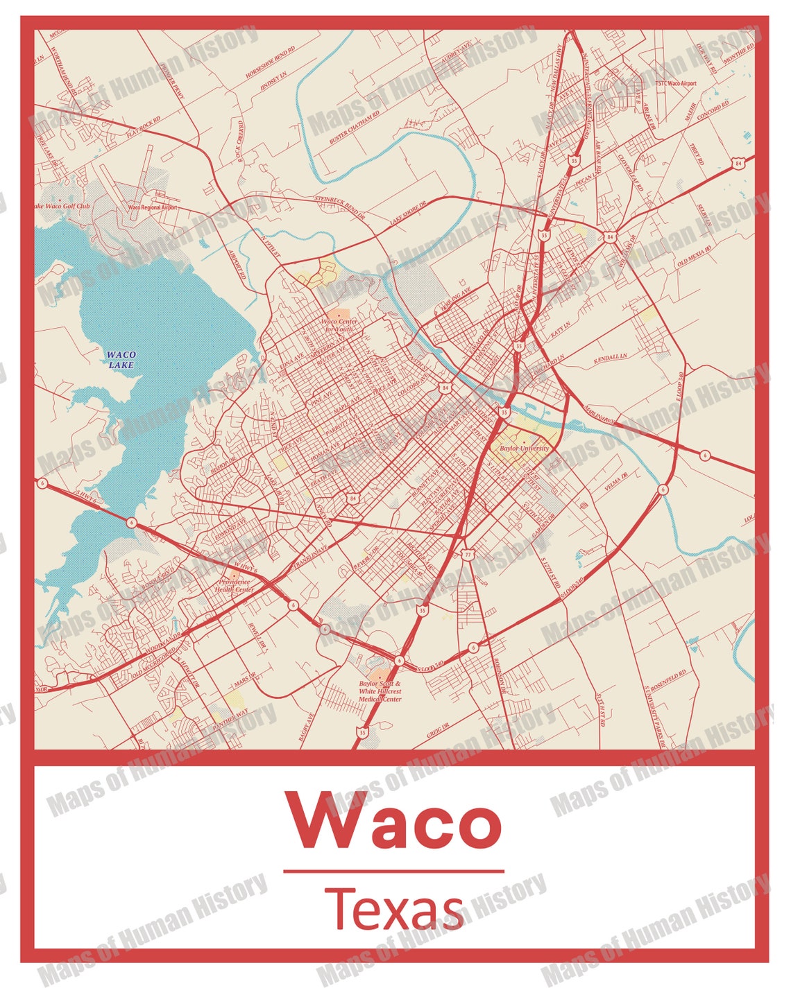 Retro Waco Texas Street Map Poster & Canvas Print Options Etsy