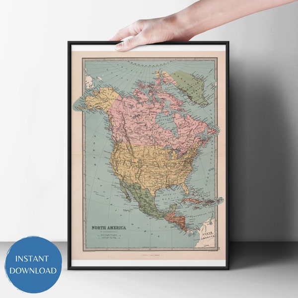 Old North America Atlas Digital Map Print | Canada, Mexico, USA | Digital Download | Educational Classroom Decor | Wall Art