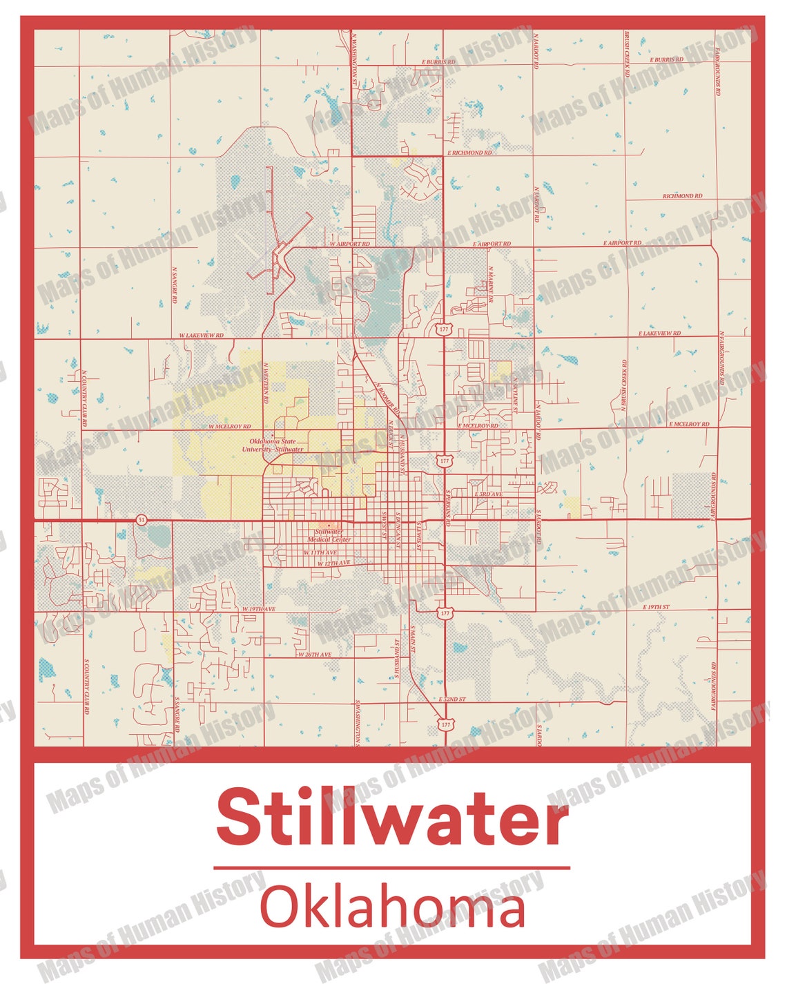 Retro Stillwater Oklahoma Street Map Poster & Canvas Print - Etsy