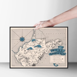 Old West Virginia (1903)  Map Print |  Blue & White Cartoon Hand Drawn Style United States of America| Wall Art Decor Poster and Canvas Gift