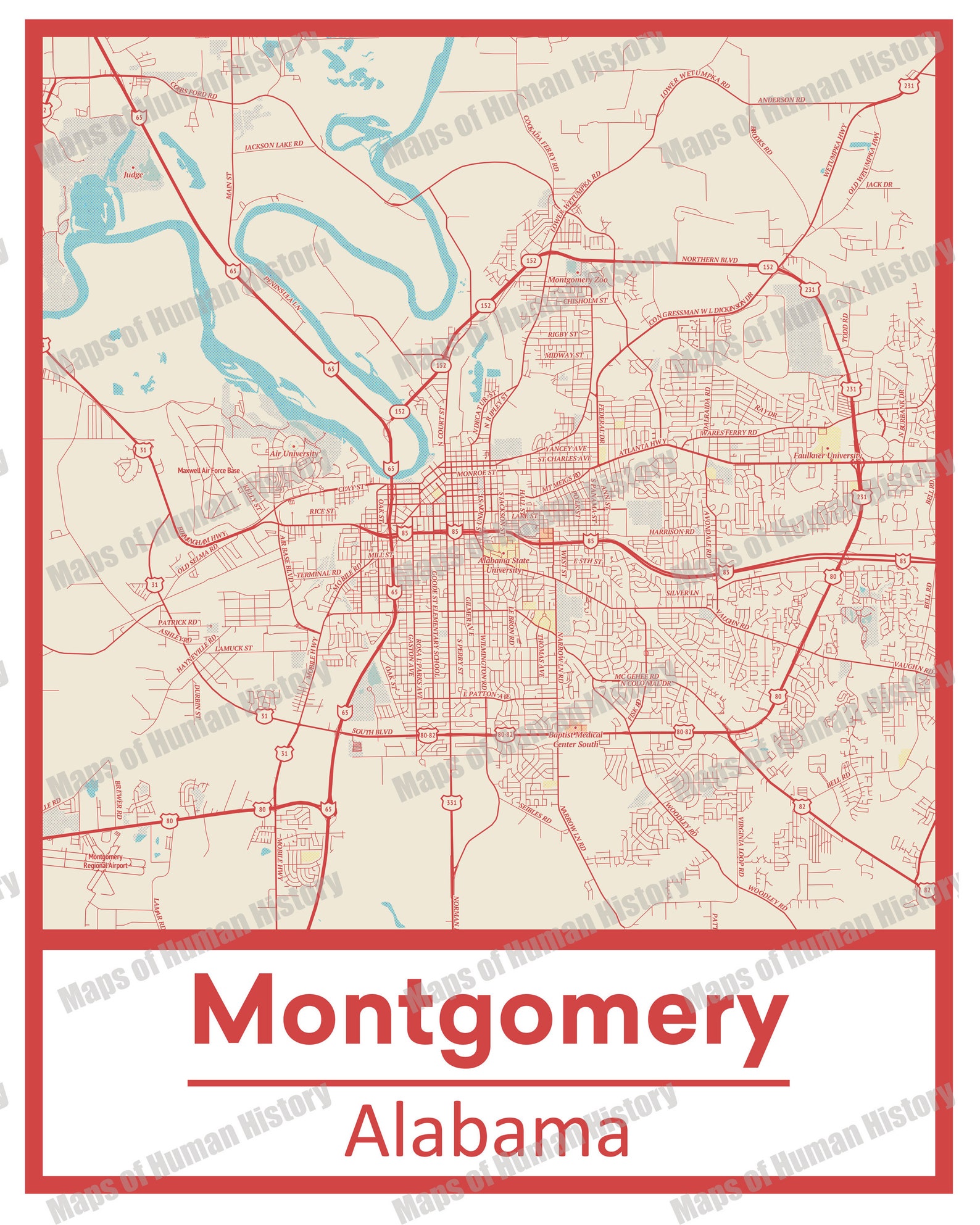 Retro Montgomery Alabama Street Map Poster & Canvas Print Etsy UK