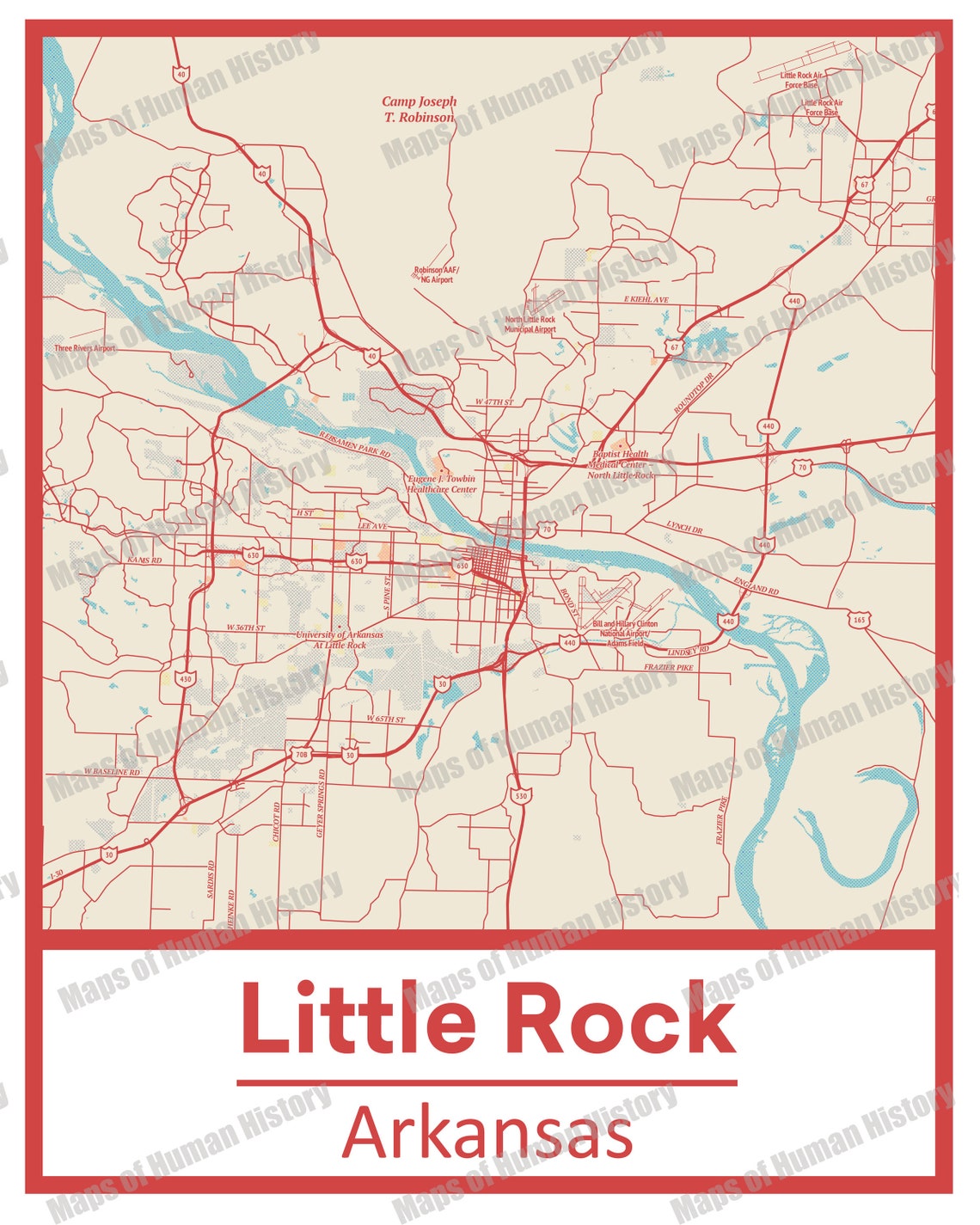 Retro Little Rock Arkansas Street Map Poster &amp; Canvas Print - Etsy