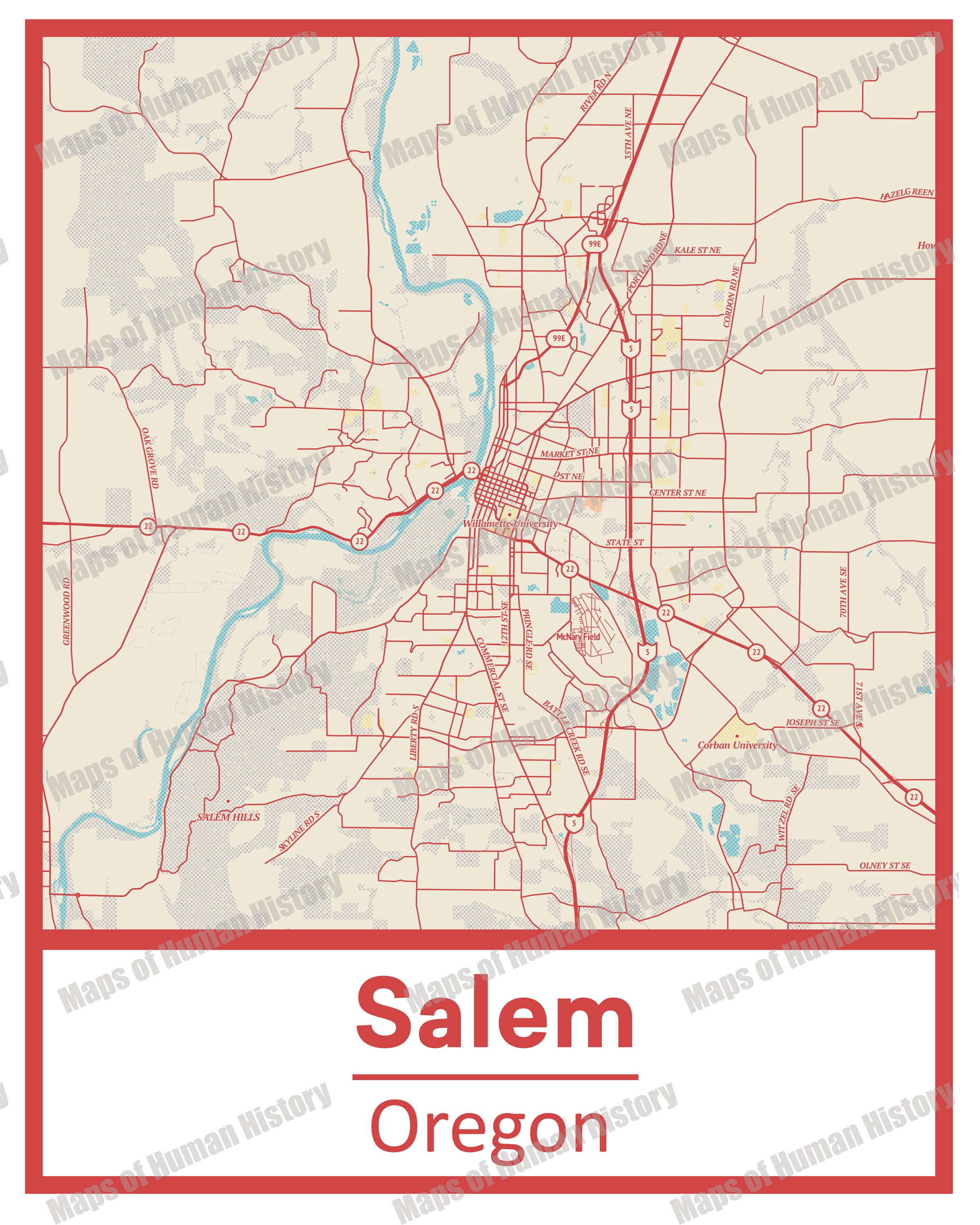 Retro Salem Oregon Street Map Poster &amp; Canvas Print Options - Etsy UK