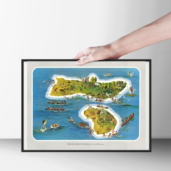 Islands of Molokai and Lanai Hawaii Artistic Map | Poster & Canvas Options | Vintage Reproduction