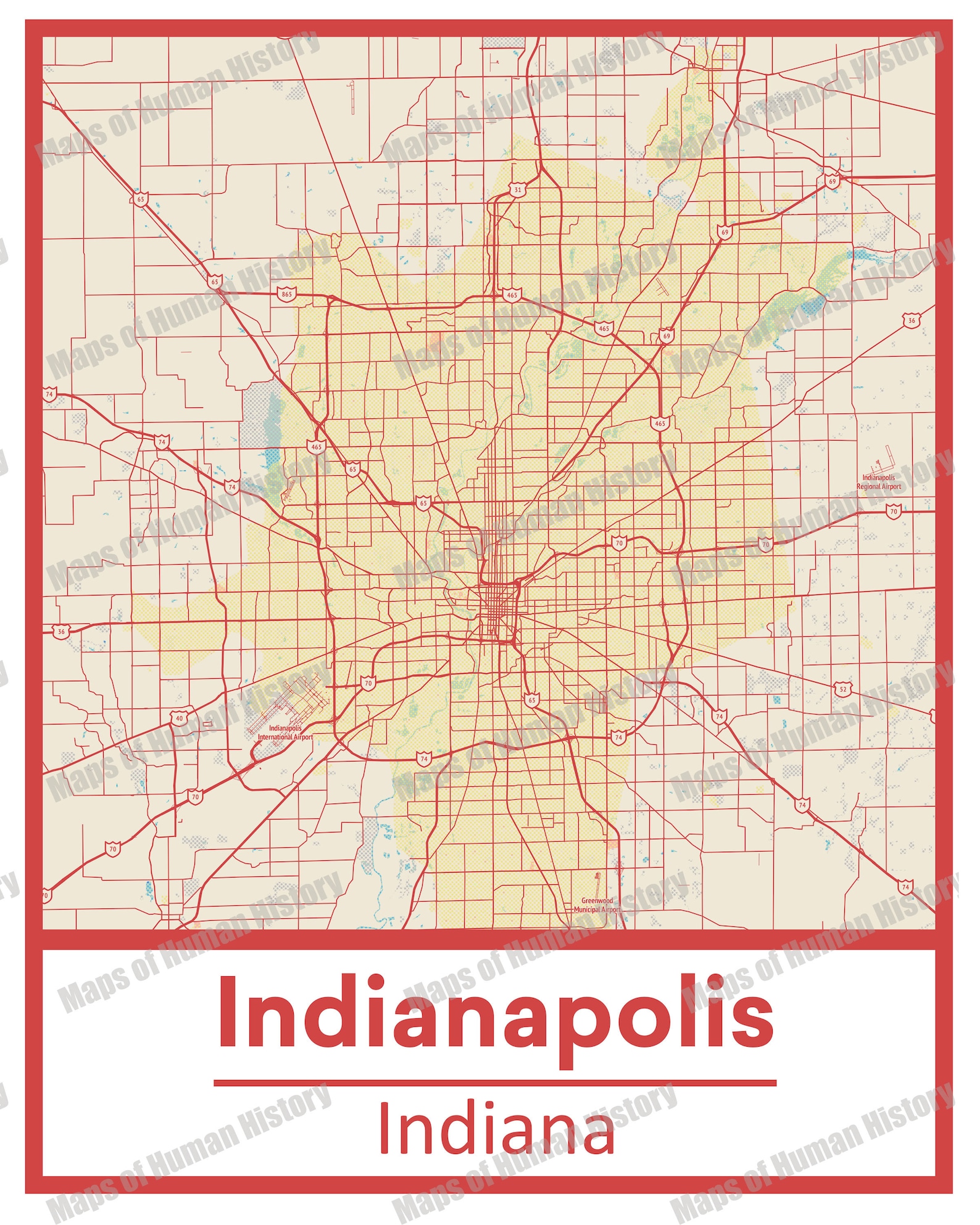 Retro Indianapolis Indiana Street Map Poster &amp; Canvas Print - Etsy