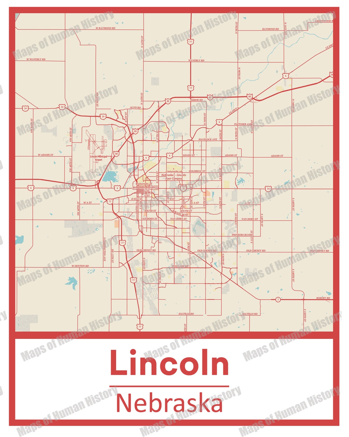 Retro Lincoln Nebraska Street Map Poster & Canvas Print Etsy
