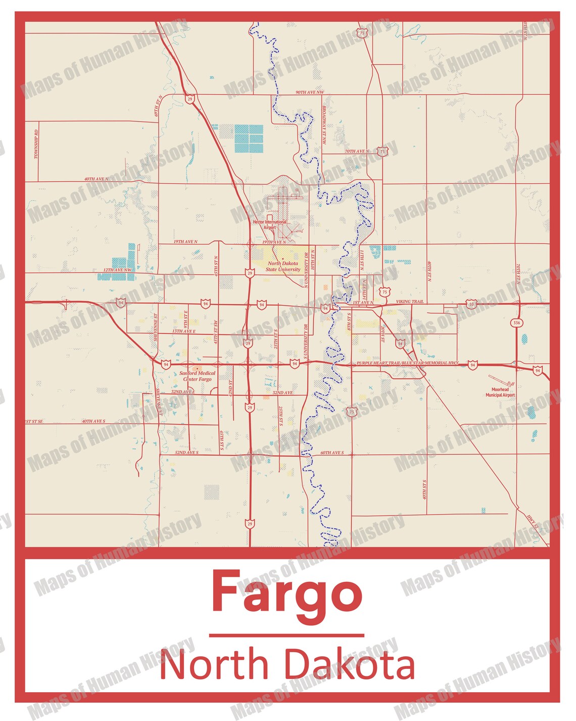 Retro Fargo North Dakota Street Map Poster & Canvas Print Etsy