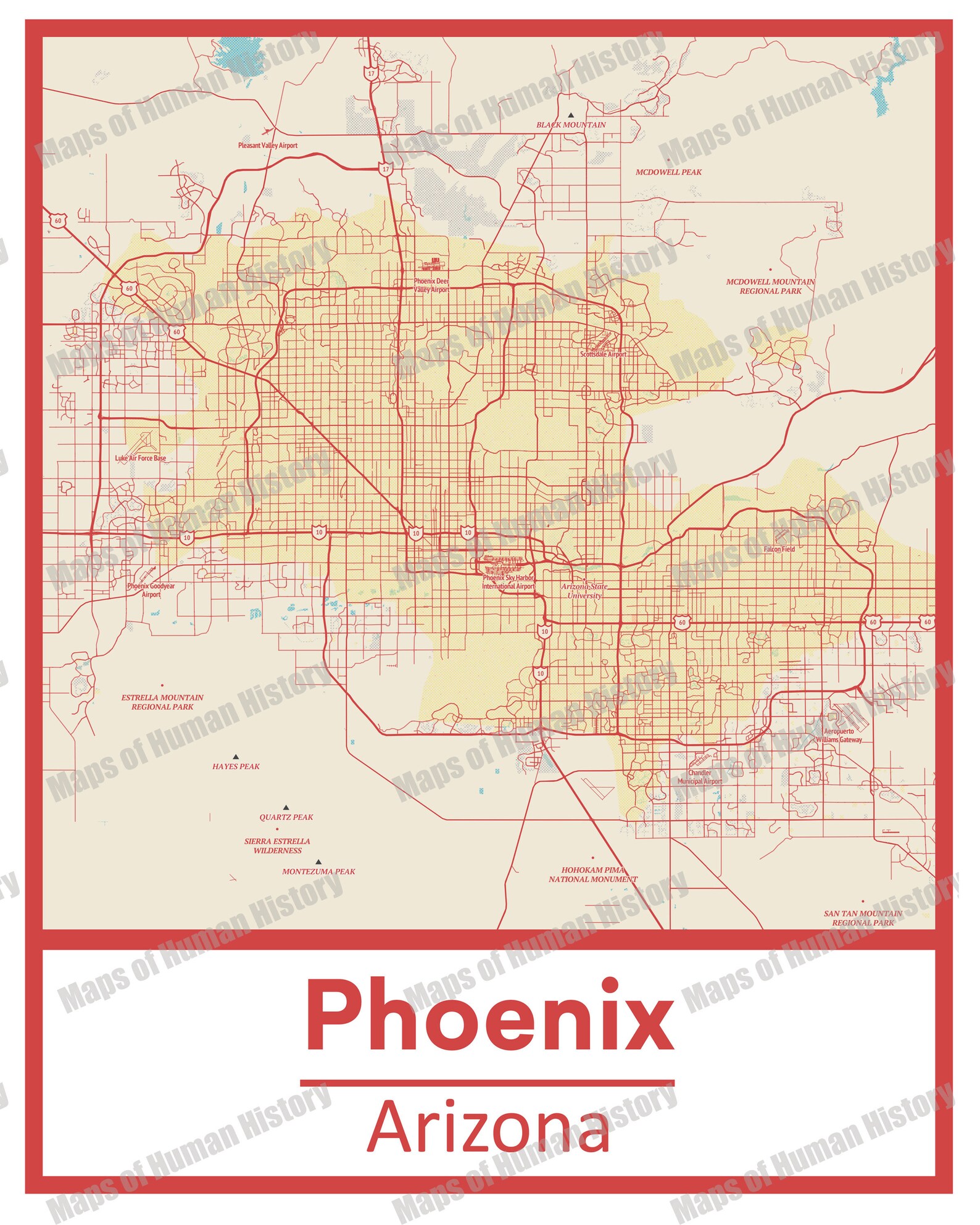 Retro Phoenix Arizona Street Map Poster &amp; Canvas Print - Etsy