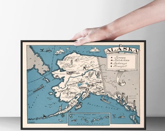 Old Alaska (1903)  Map Print |  Blue & White Cartoon Hand Drawn Style United States of America| Wall Art Home Decor Poster and Canvas Gift