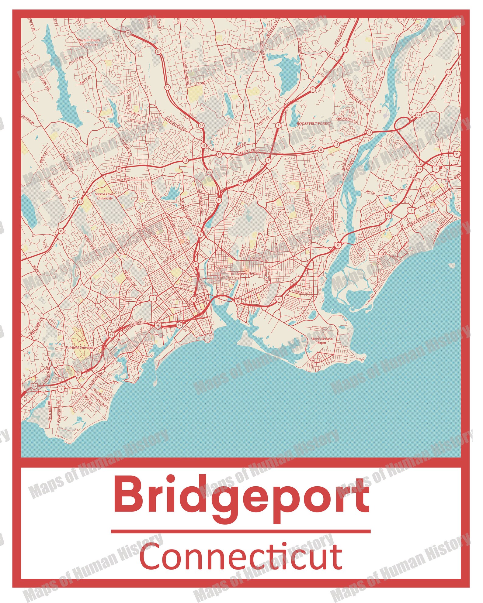 Retro Bridgeport Connecticut Street Map Poster &amp; Canvas - Etsy