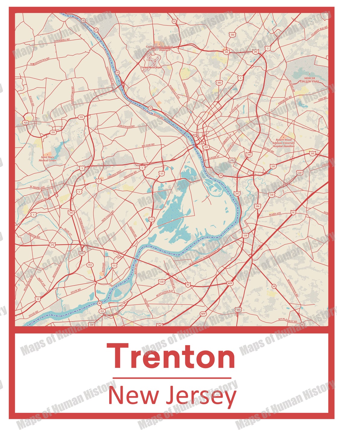 Retro Trenton New Jersey Street Map Poster & Canvas Print Etsy
