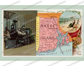 Illustrated Map of Rhode Island (1890) Digital Print | Historic Digital Download | Classroom Decor | Wall Art Home Decor