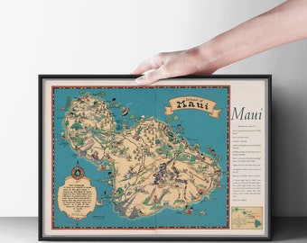 Island of Maui Hawaii Tourism Map Print | Cartoon Hand Drawn Style United States of America | Wall Art Home Decor Poster and Canvas Gift