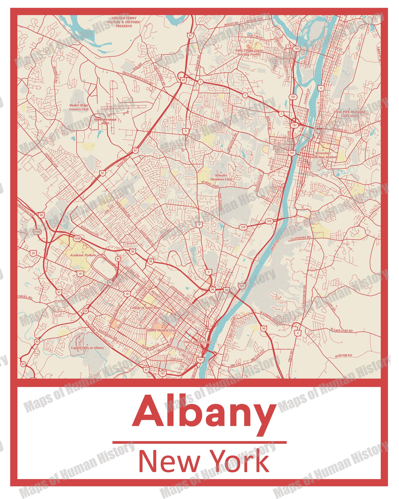 Retro Style Albany New York Street Map Poster &amp; Canvas Print - Etsy Israel