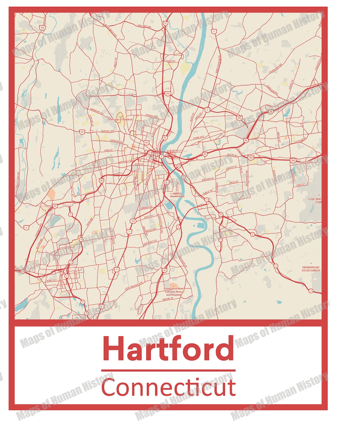 Retro Hartford Connecticut Street Map Poster & Canvas Print - Etsy