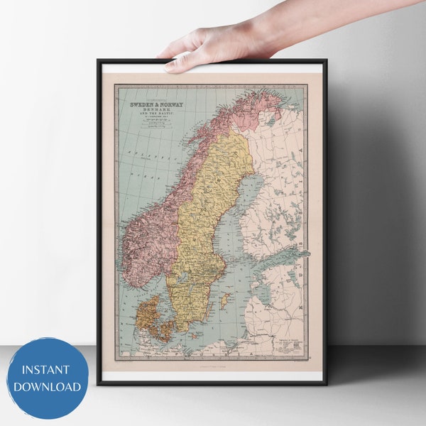 Old Scandinavia Atlas Digital Map Print | Sweden and Norway | Digital Download | Educational Classroom Decor | Wall Art