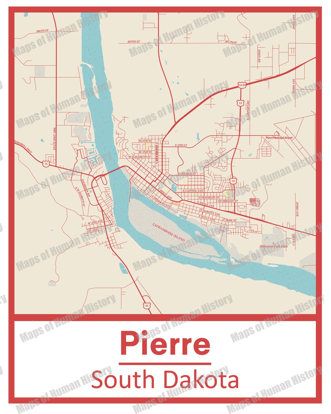 Retro Pierre South Dakota Street Map Poster & Canvas Print Etsy