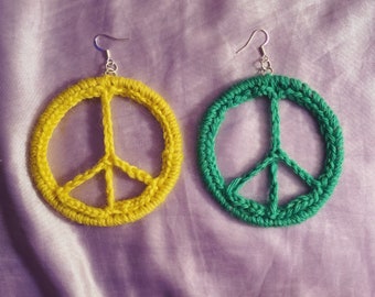 Crochet Peace Sign Earrings - custom gift for women girlfriend mom - Handmade hippie statement jewelry