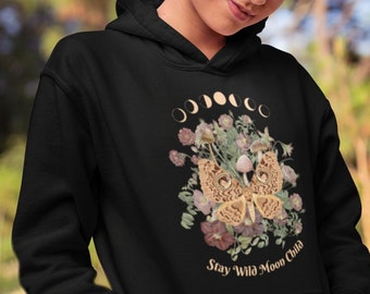 Stay Wild Moon Child Cottagecore Hoodie, Mushroom Hoodie, Alt Clothing, Luna Moth Monarch Butterfly Top, Floral Hoodie, Cottagecore Clothing