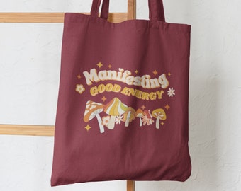 Manifesting Good Energy Mushroom Bag Cottagecore Bag Vintage Tote Bag Mushroom Tote Bag Aesthetic Hippie Bag Retro Tote Bag Canvas Tote Bag