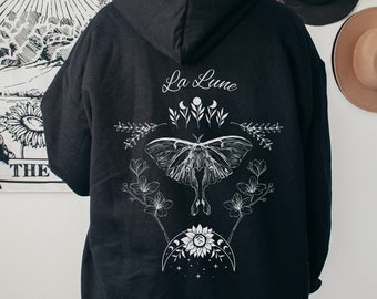 Luna Moth Dark Cottagecore Hoodie, Witchy Floral Hoodie, Mystical Shirt Goblincore Clothing Grunge Fairycore Shirt Alt Clothing Goth Hoodie