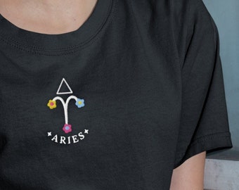 Aries Shirt, Embroidered Tshirt, Mystical Shirt, Aries Gifts, Zodiac Shirt, Oversized Tshirt Astrology Shirt Celestial Shirt Botanical Shirt