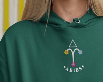 Embroidered Hoodie, Aries Shirt, Mystical Shirt, Aries Gifts, Zodiac Shirt, Floral Hoodie, Astrology Shirt, Celestial Shirt, Botanical Shirt