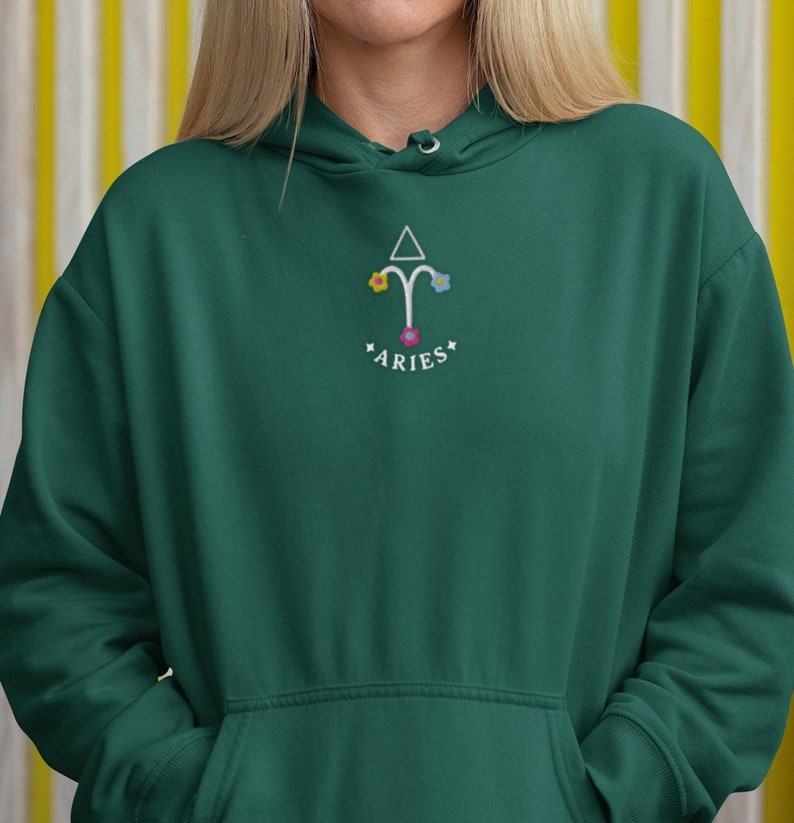 Embroidered Hoodie, Aries Shirt, Mystical Shirt, Aries Gifts, Zodiac Shirt, Floral Hoodie, Astrology Shirt, Celestial Shirt, Botanical Shirt zdjęcie 1