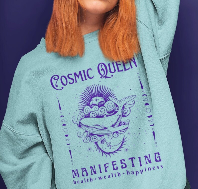 Cosmic Spiritual Sweatshirt Manifest Sweatshirt Manifest Jumper Hippie Clothes Affirmation Sweatshirt Blue Celestial Whale Witchy Clothing image 3