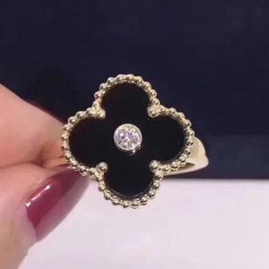 Black Enamel Ring, Vintage Alhambra Ring, Lucky Four Leaf Clover Ring, Woman's Wedding Engagement Ring, Black Onyx Ring, Handmade Ring