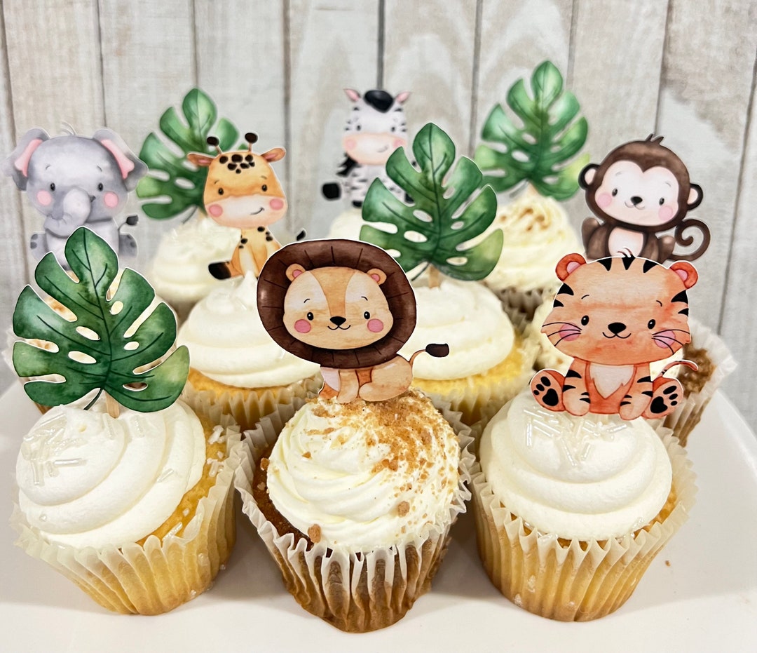 24 Waldtiere Cupcake-Topper – Bär, Hirsch, Berg, Baum – Als Set – Für Babyparty, Kindergeburtstag, Safari-Dschungel-Motto