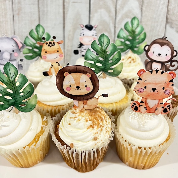 Safari Animals Cupcake Toppers 12ct, Cupcake Picks, Safari birthday supplies, safari Party decorations, Jungle Animals, Monstera Leaves