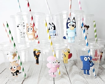 Bluey Party Cups, Kids Disposable Cups, Cups with Lids and Straws, Blue Heeler, Bingo, Kids Birthday Party Supplies, Blue Dog Theme Party