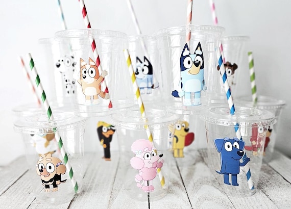 Bluey Party Cups, Kids Disposable Cups, Cups with Lids and Straws, Blue Heeler, Bingo, Kids Birthday Party Supplies, Blue Dog Theme Party