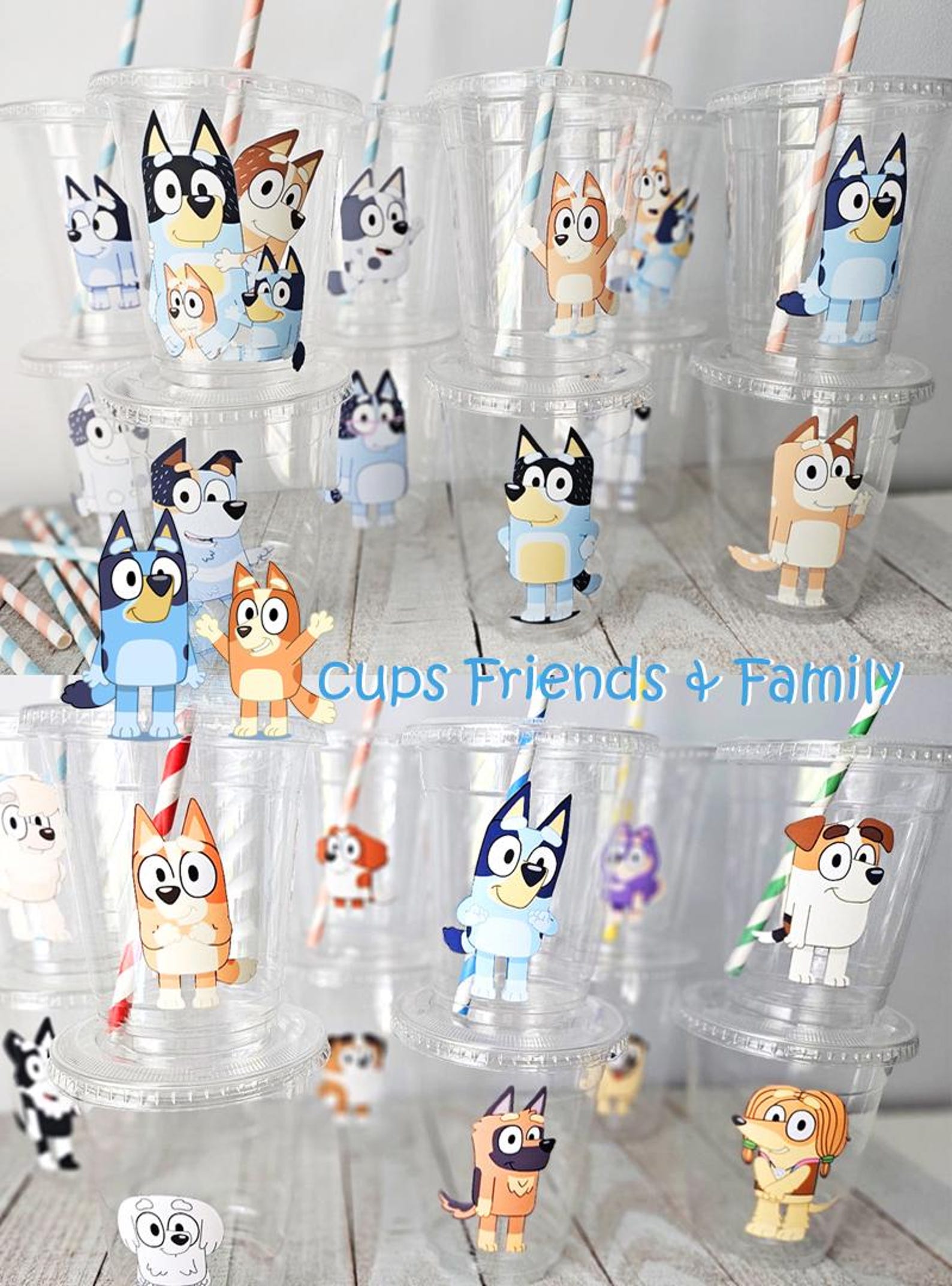 Bluey Party Cups, Kids Disposable Cups, Cups With Lids and Straws, Blue ...