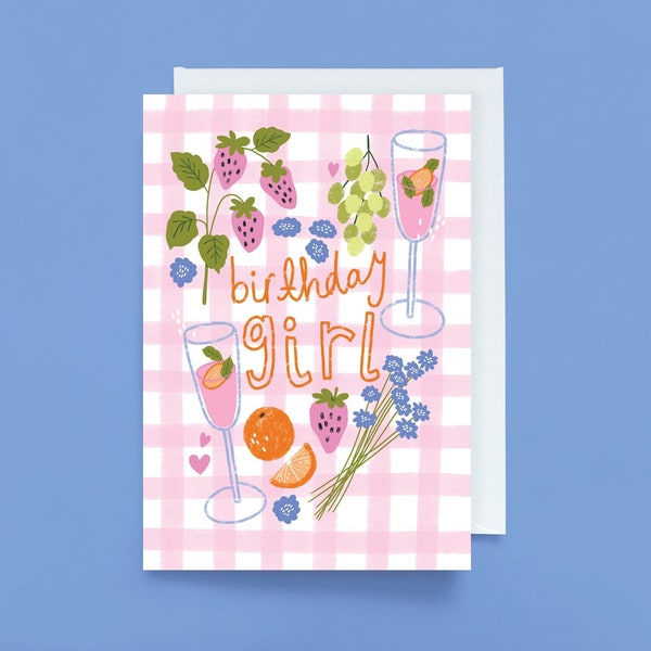 A6 Picnic Cottagecore Birthday Card | Birthday Girl Greetings Card | Cute | Pink | Gingham | Birthday Picnic Card