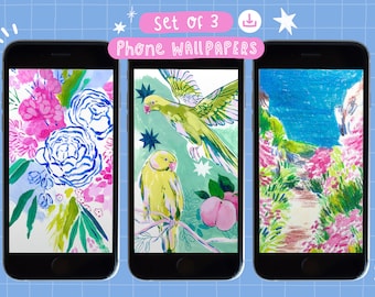 Ensemble de 3 fonds d’écran de téléphone illustrés | | de fond d’écran floral | d’art de la nature Oiseaux & Floral Phone Fond d’écran | printemps | Art dessiné à la main