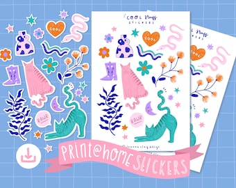 Feuille d’autocollants de décor de planificateur de chat | Imprimer à la maison Autocollants | Autocollants de chat | Autocollants animaux | Autocollants mignons dessinés à la main | Autocollants Scrapbooking