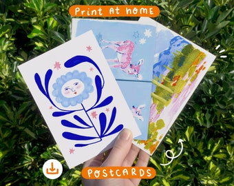 Ensemble de 3 cartes postales imprimables de carnet de croquis | Illustrations | Art Floral | Illustrations naturelles | Cartes postales d'art dessinées à la main | Illustration de cerf