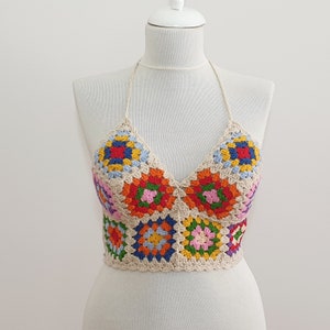 Crochet Crop Top, Motif Crop Top, Granny Square Top, 70s Style, Crochet Bralette, Handmade Bustier, Festival Bohemian Crop Top for sale