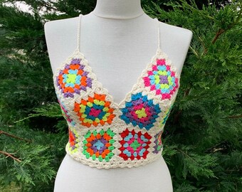 Crochet Crop Top Motif Crop Top Granny Square Top 70s - Etsy