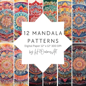 May include: Twelve digital paper patterns featuring intricate mandala designs in vibrant colors. Each pattern is 12 inches by 12 inches and 300 DPI.