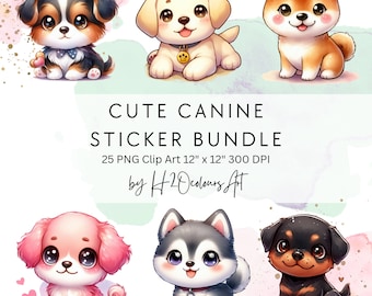 Op de afbeelding: Een set van 25 digitale stickers met schattige cartoon-honden in verschillende rassen en poses. De stickers zijn 30,5 cm bij 30,5 cm en 300 DPI. De stickers zijn perfect om een vleugje whimsy toe te voegen aan je projecten.