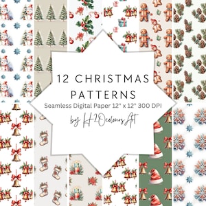 May include: Twelve digital paper patterns featuring Christmas themes. The patterns include illustrations of snowmen, Christmas trees, bells, holly, gingerbread men, pine cones, and stockings. The patterns are seamless and measure 12 inches by 12 inches at 300 DPI.