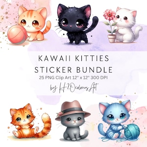 Cute Chibi Cat Clipart Bundle | Kawaii Watercolour | 25 Cute Cats PNG for Baby Showers | Scrapbook Stickers | Cat Digital Stickers| Planner