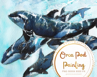 Orca Pod Painting | Hand-painted Watercolour Art | Printable Wall Decor| Instant Digital Download